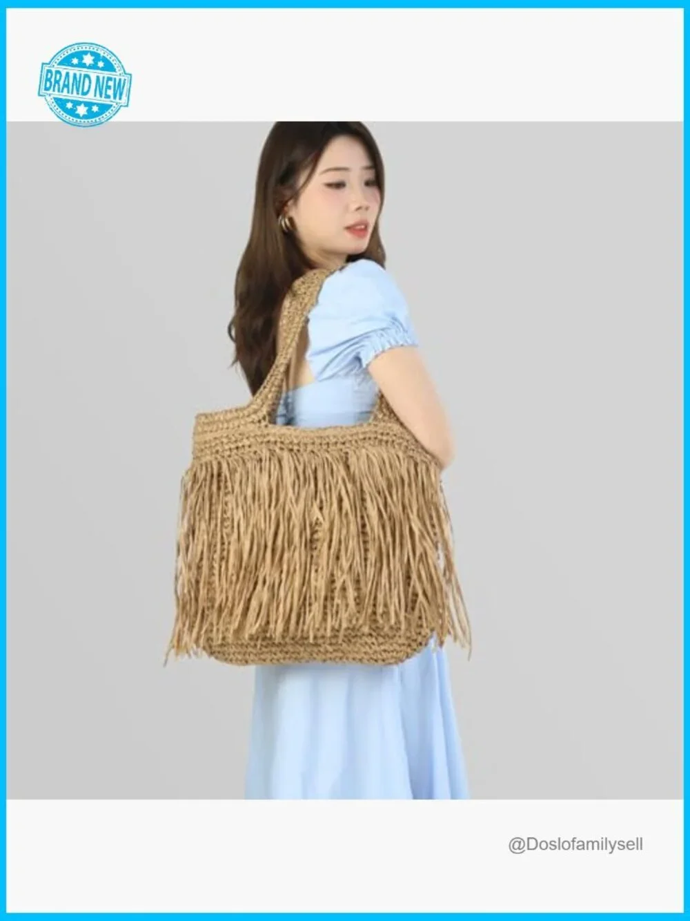 Handwoven Straw Tote Bag Lightweight Fringe Boho Beach Summer Shoulder Bag